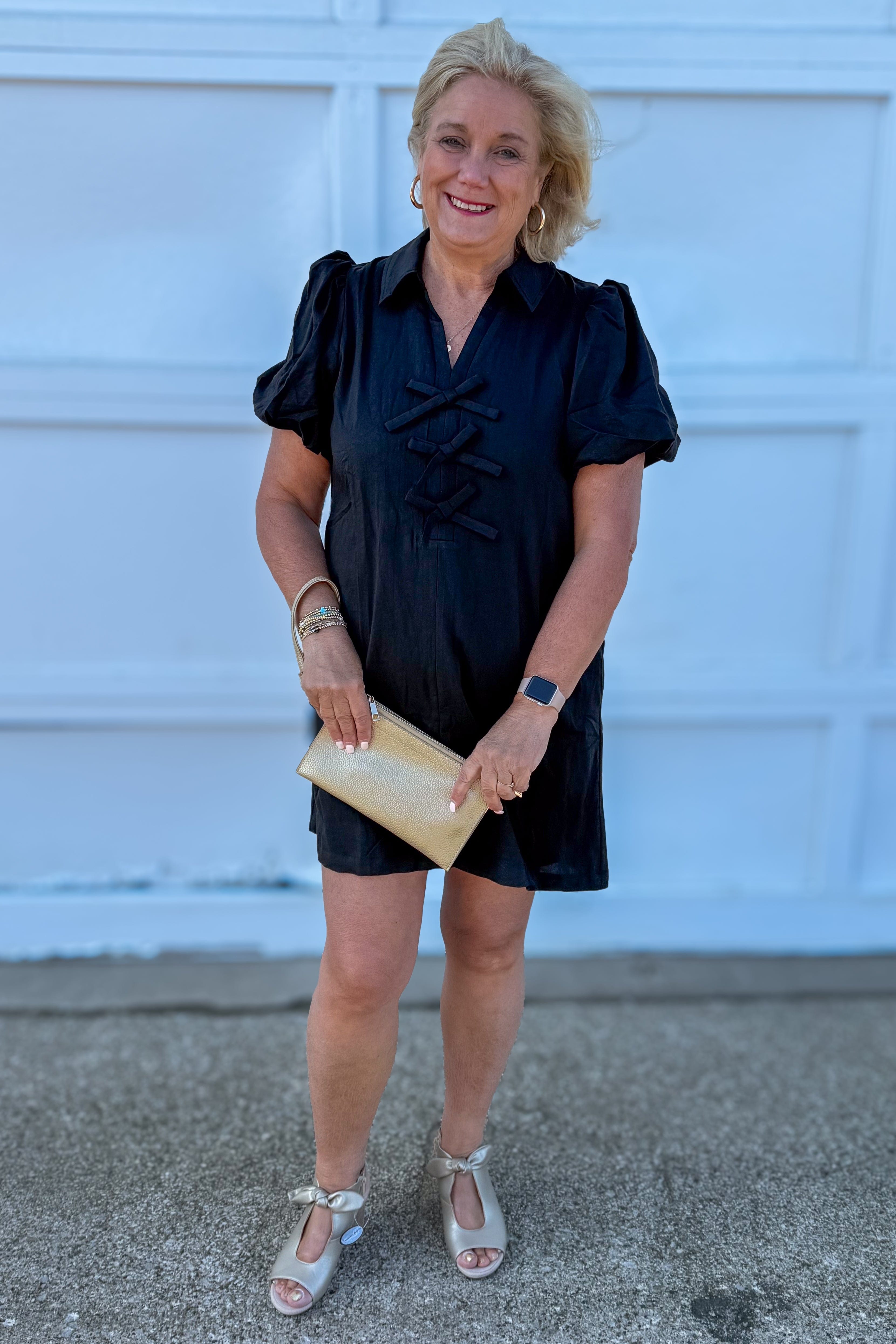 Black Bow Detail Puff Sleeve Dress styled