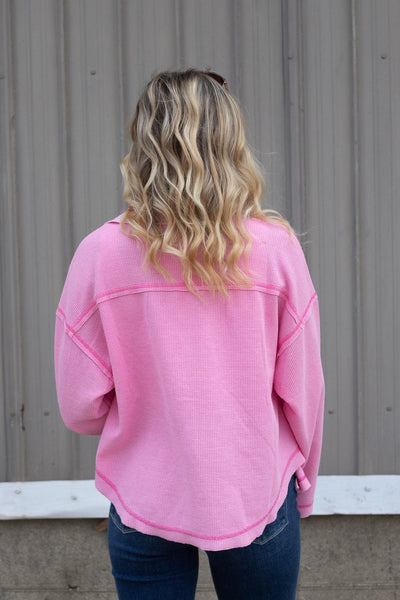 Pink Crop Waffle Button Down Top