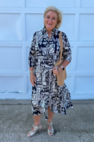 Black Tropical Geo Print Maxi Dress styled