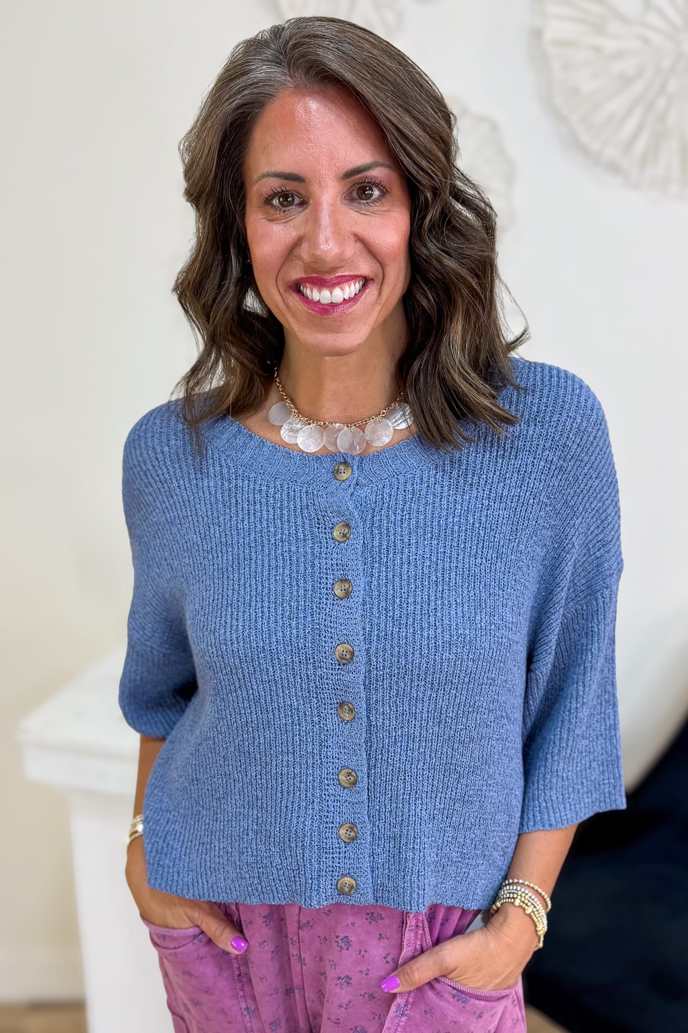 Dusty Blue Boxy Short Sleeve Knit Cardigan