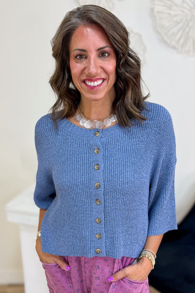 Dusty Blue Boxy Short Sleeve Knit Cardigan