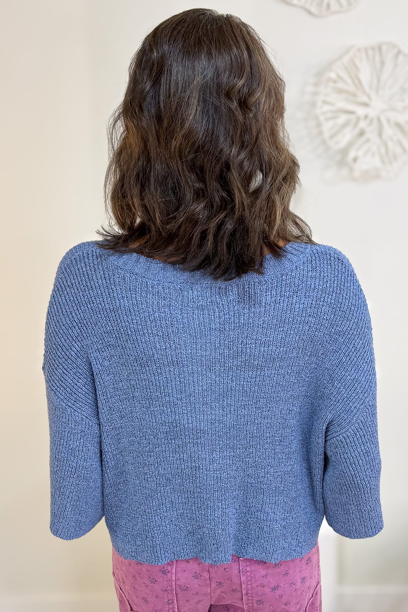 Dusty Blue Boxy Short Sleeve Knit Cardigan Back