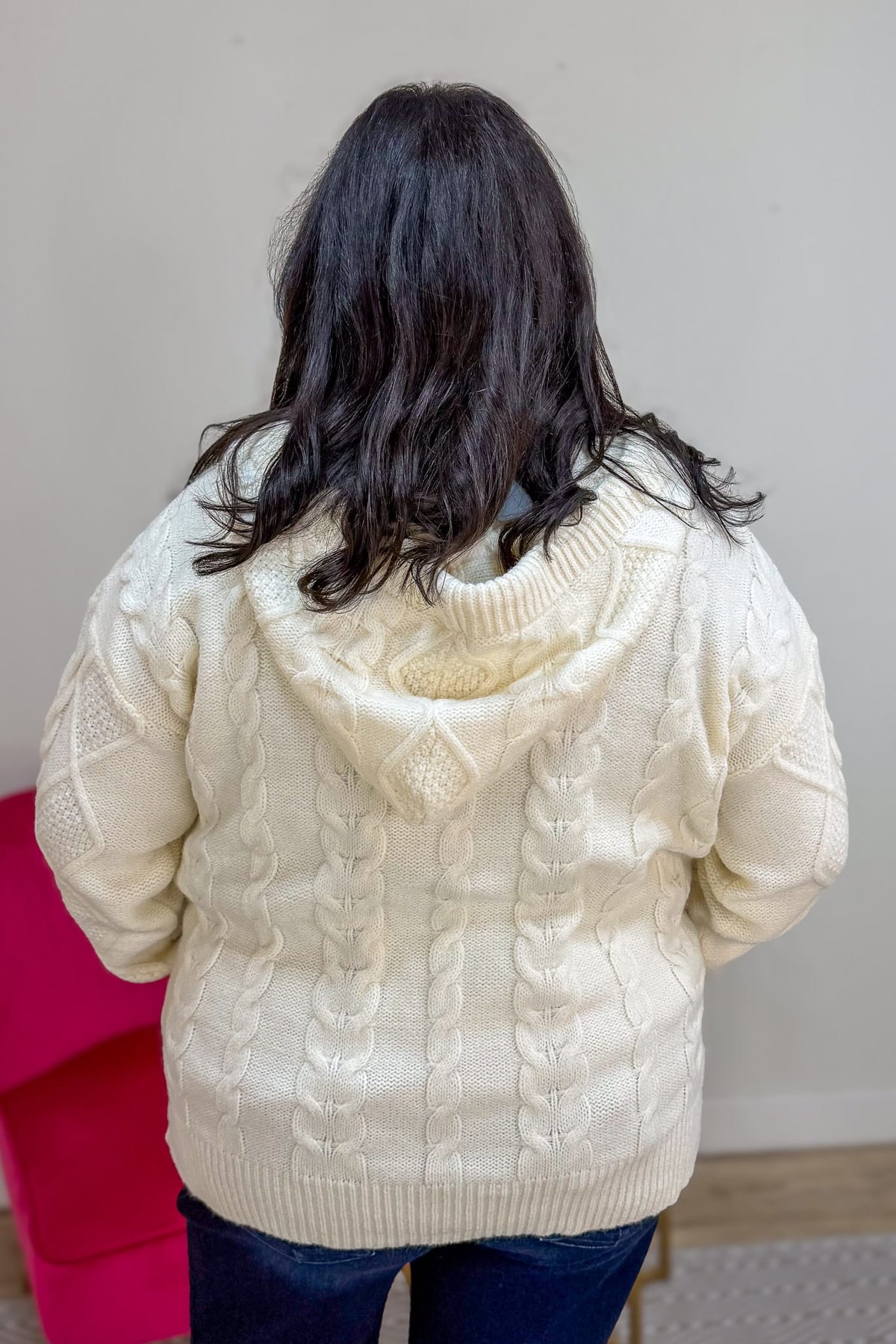 Ivory Cable Hoodie Cardigan Back