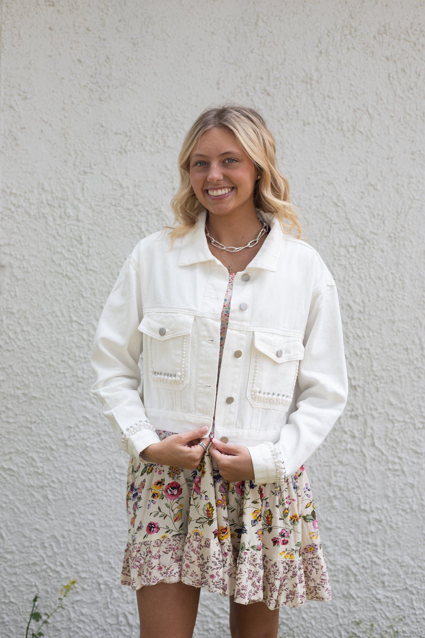 Pearl-Embellished Floral Mustard Denim Jacket