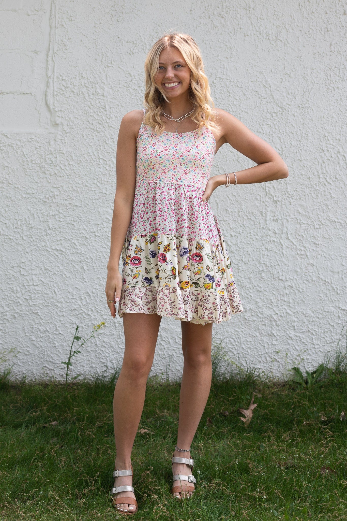 Patchwork Spaghetti Strap Tiered Dress