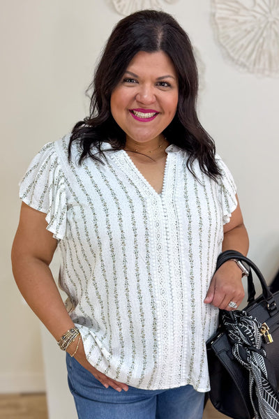 Khaki Stripe Floral Garland Ruffle Sleeve Top