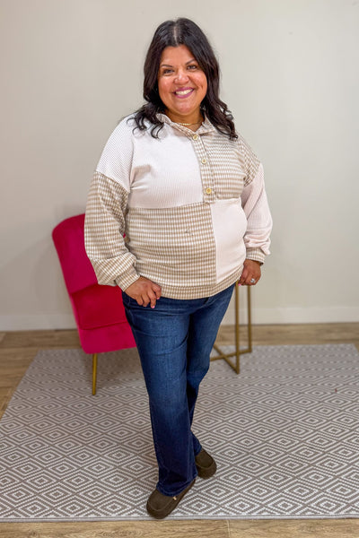 Taupe Checkered Color Block Top Styled