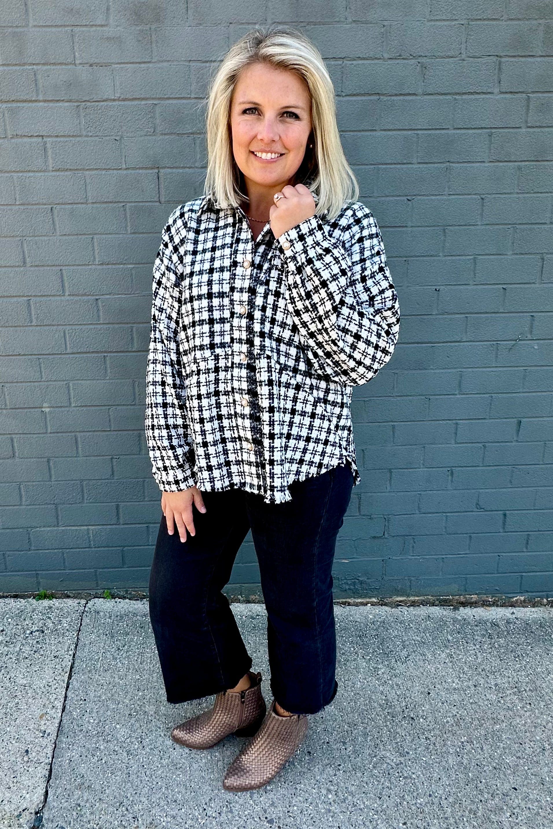 Black Tweed Plaid Shacket styled