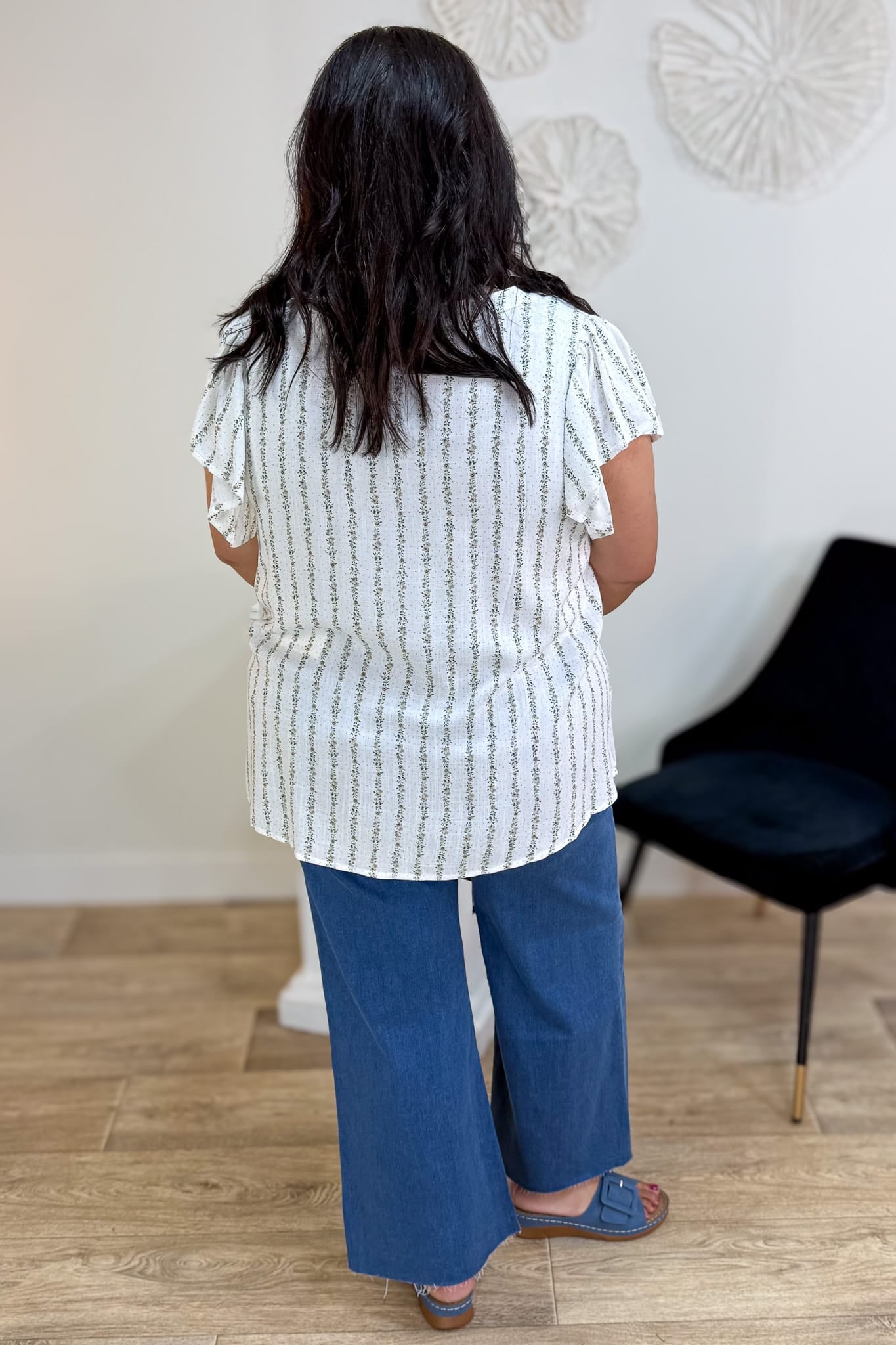 Khaki Stripe Floral Garland Ruffle Sleeve Top Back