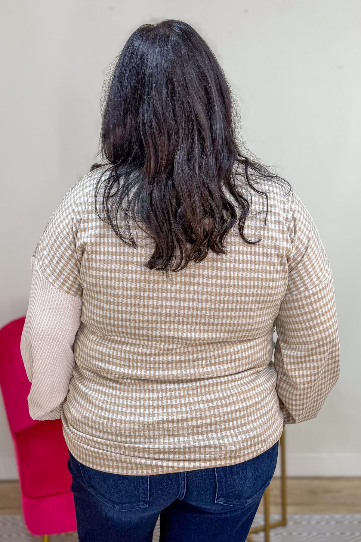 Taupe Checkered Color Block Top Back
