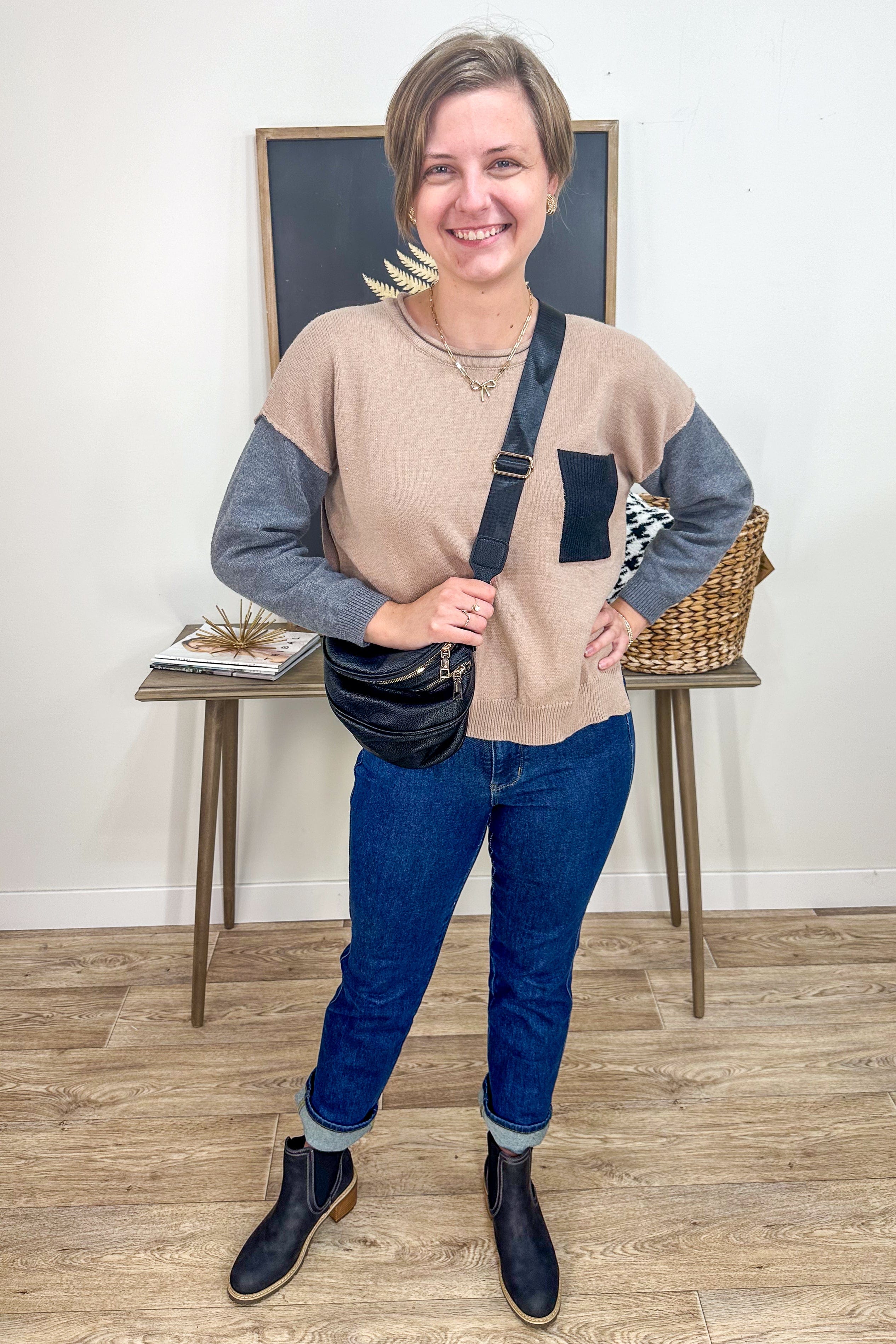 Camel Colorblock Sweater styled
