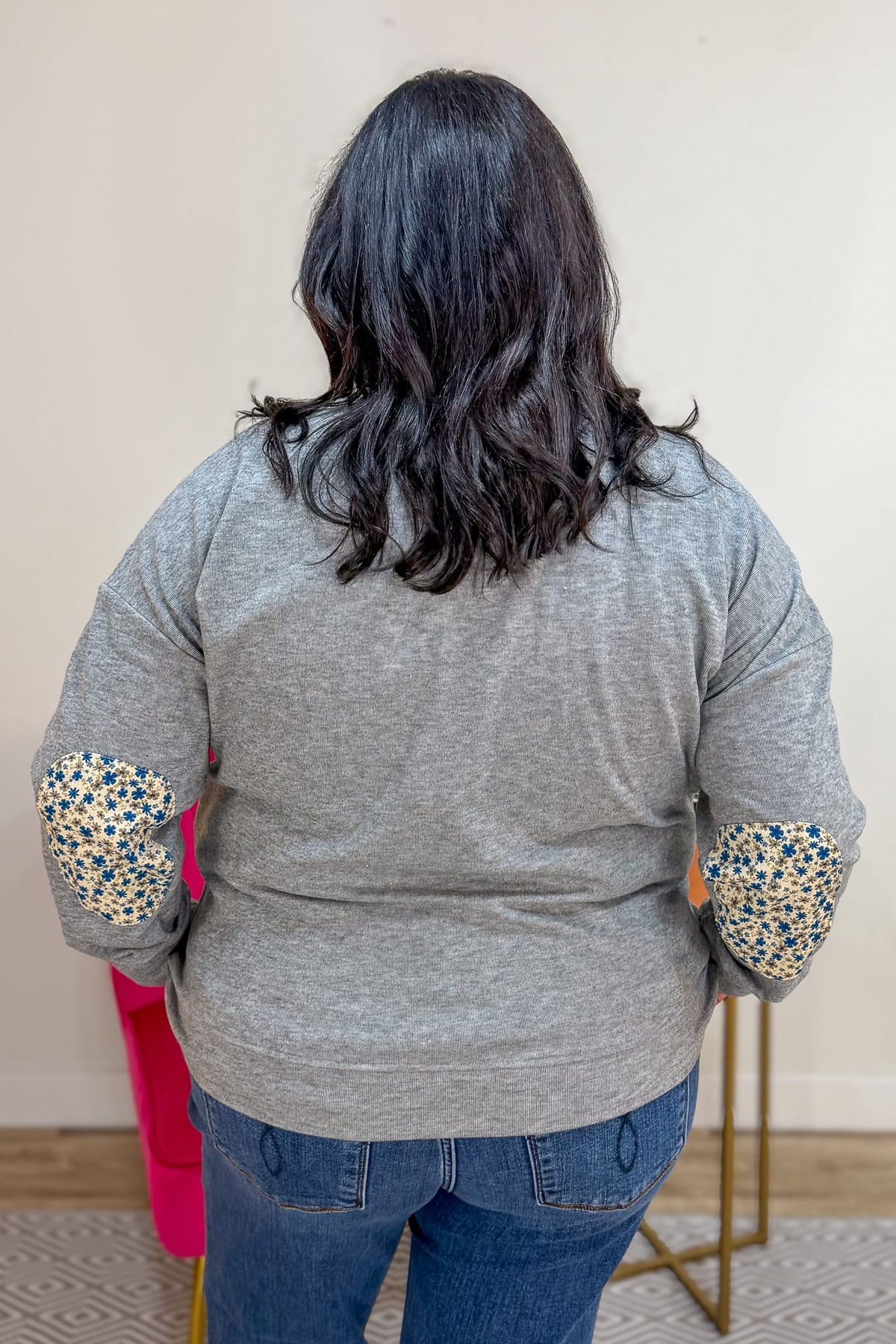 Heather Grey Floral Elbow Patch Pullover Back