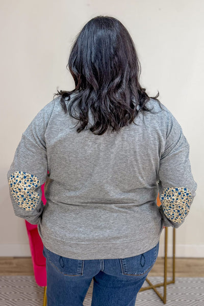 Heather Grey Floral Elbow Patch Pullover Back