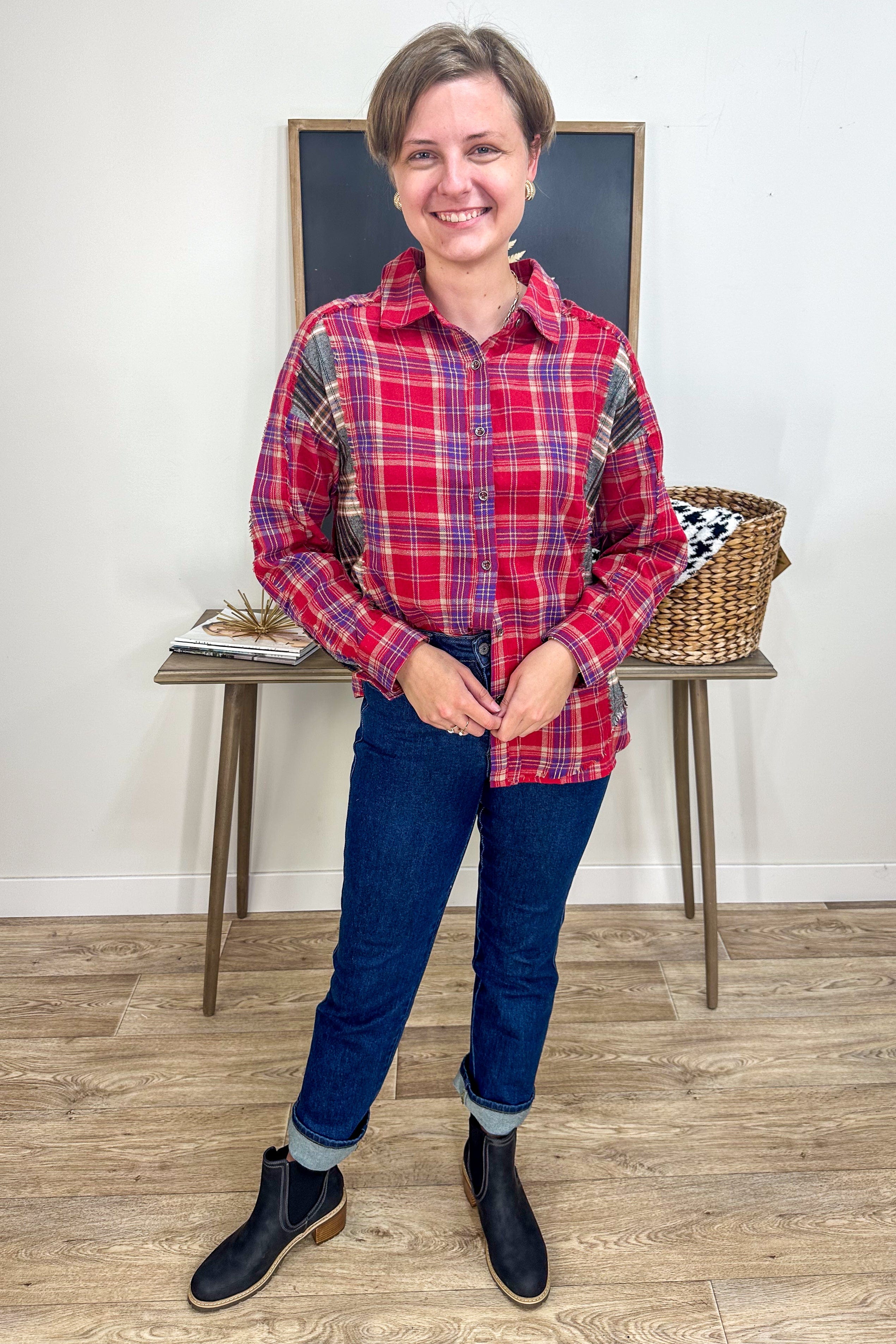 Red Plaid Contrast Shirt Top styled