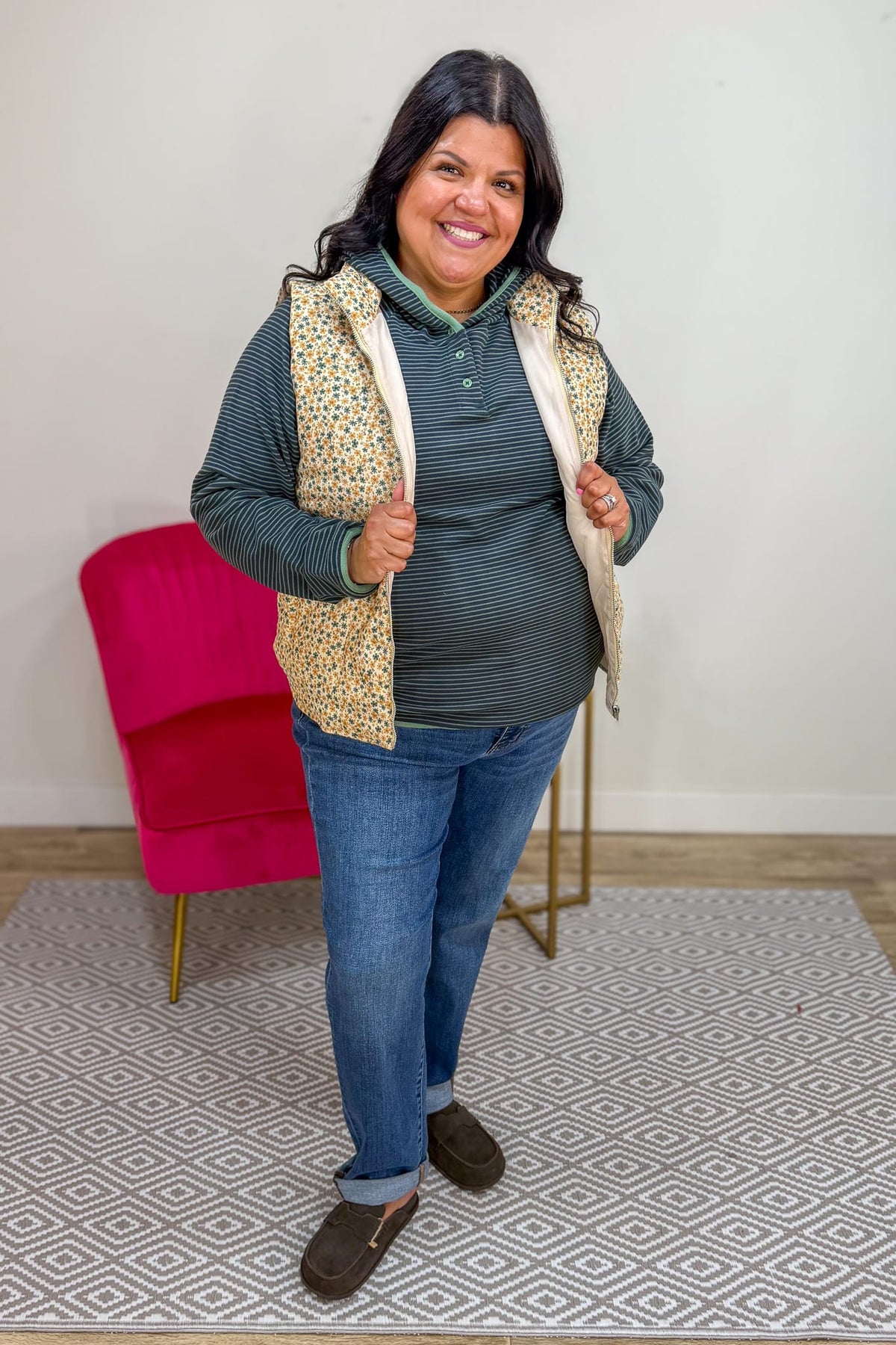 Cream & Gold Floral Corduroy Vest Styled