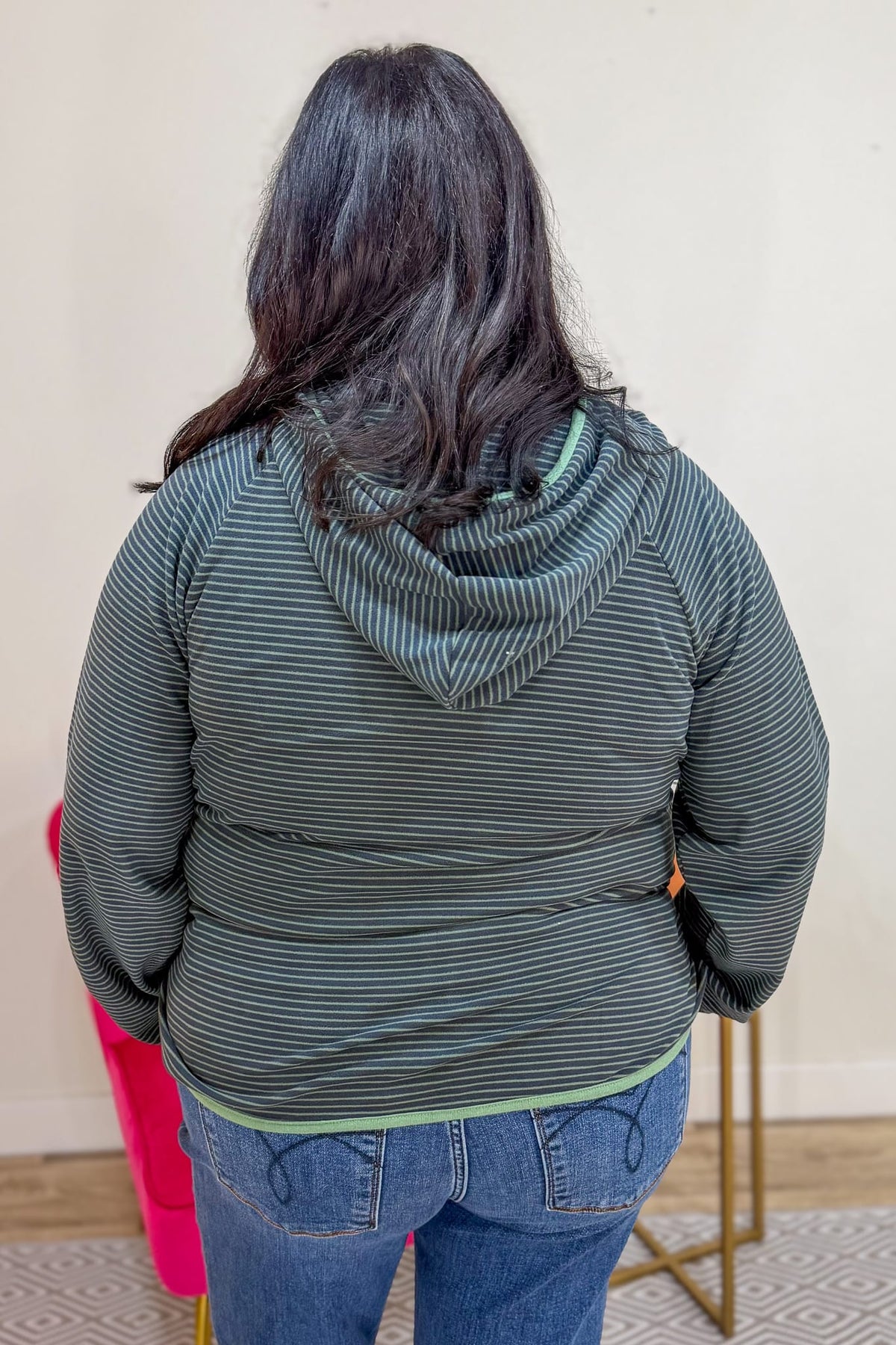 Sage Striped Contrast Trim Hoodie Back
