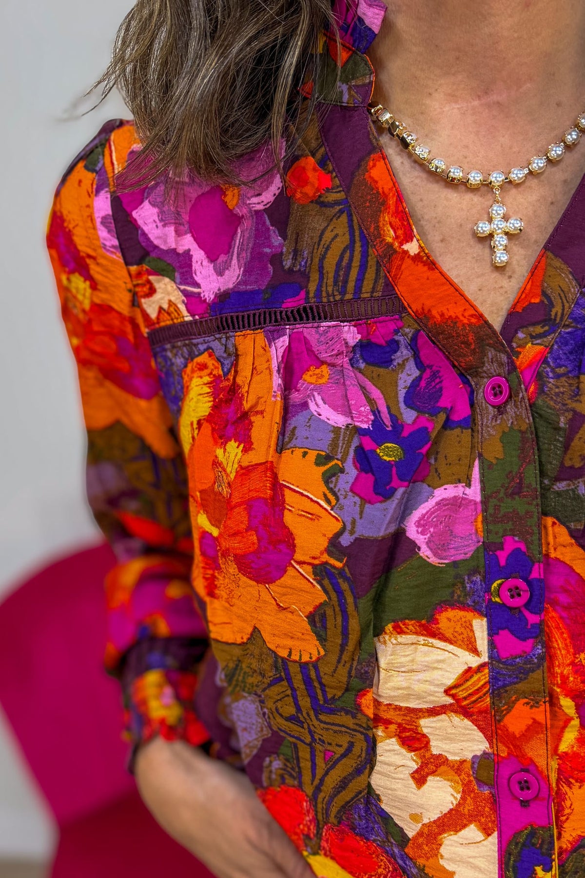 Multi Floral Ruffle V-Neck Blouse Detailed