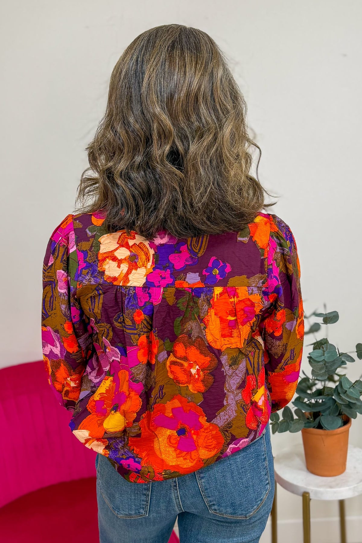 Multi Floral Ruffle V-Neck Blouse Back