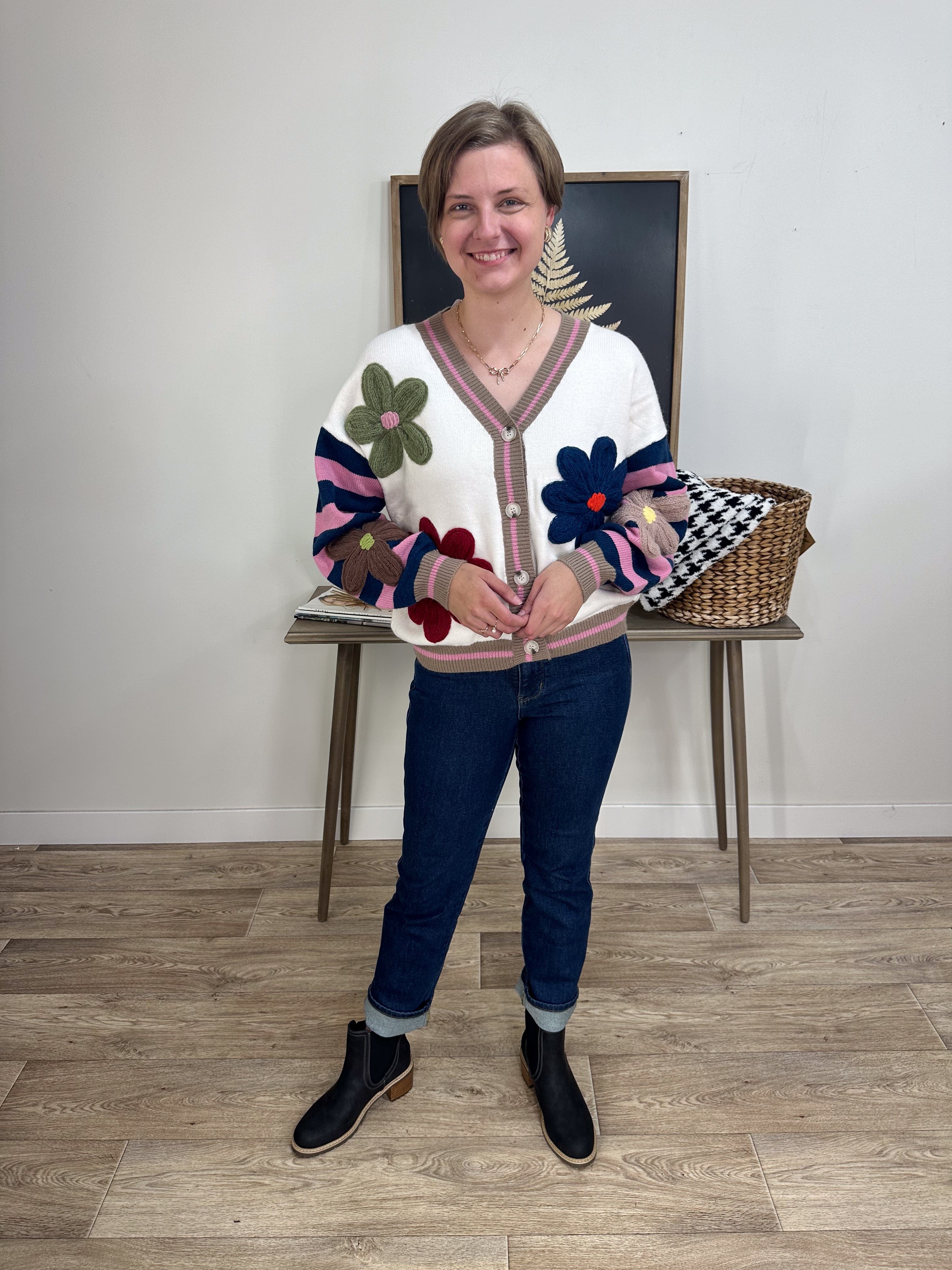 Ivory Large Floral Applique Cardigan styled