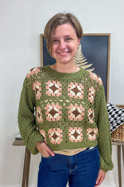 Olive Crochet Squares Sweater