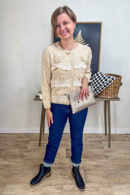 Beige Floral & Lace Button Down Cardigan style