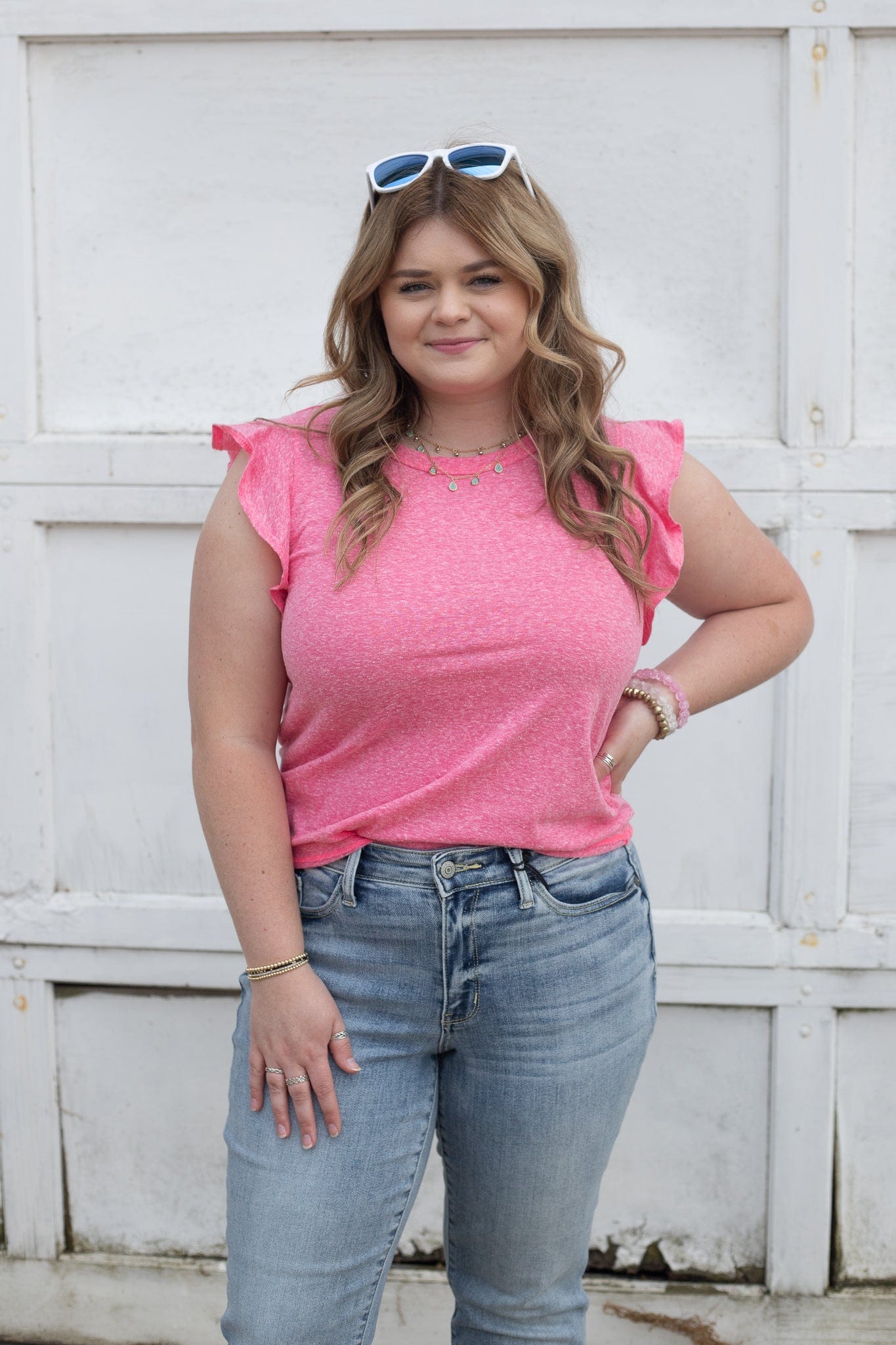 Hot Pink Ruffle Cap Sleeve Top