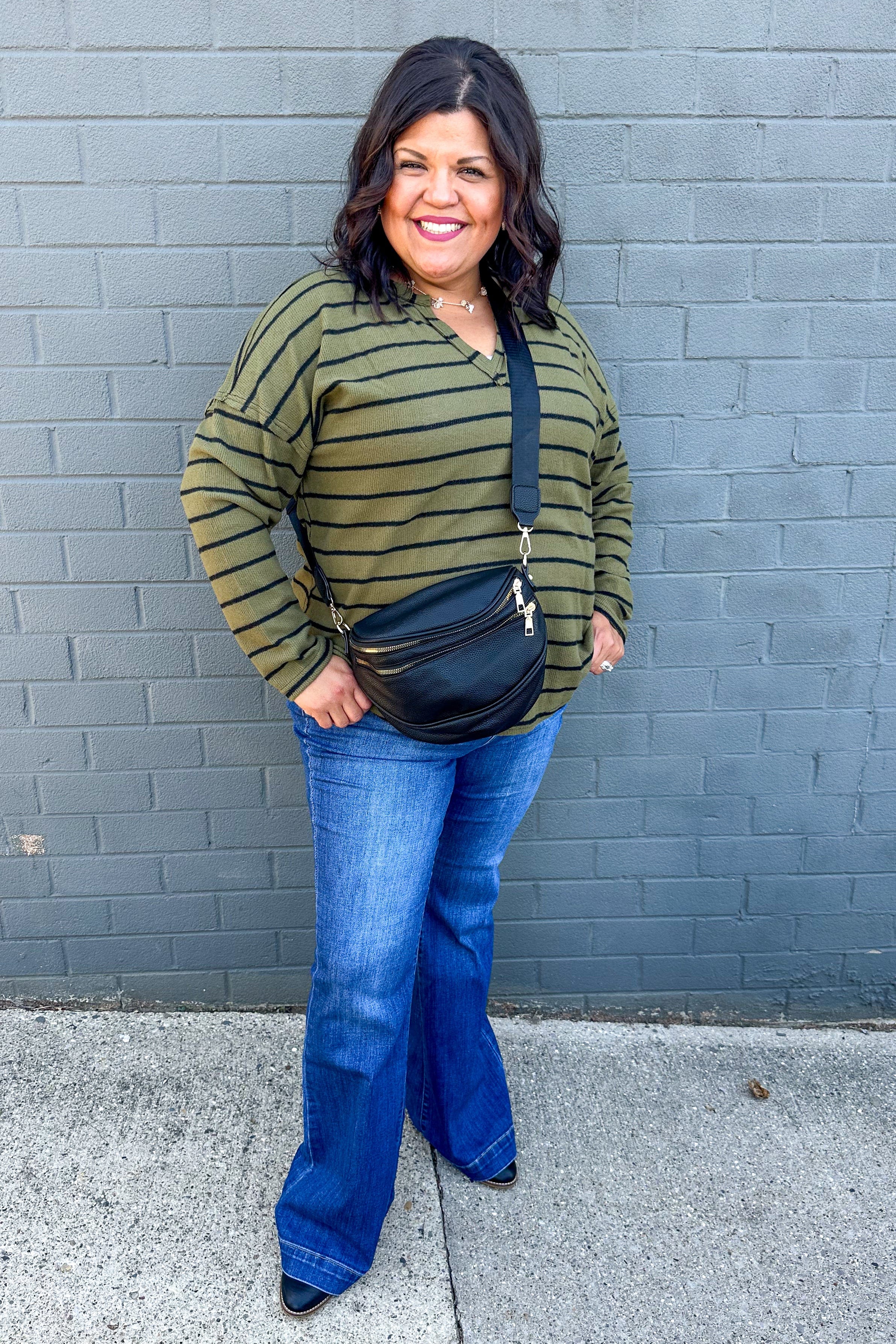 Olive Stripe Split Neck Top styled