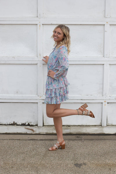 Dusty Blue Paisley Long-sleeved Dress