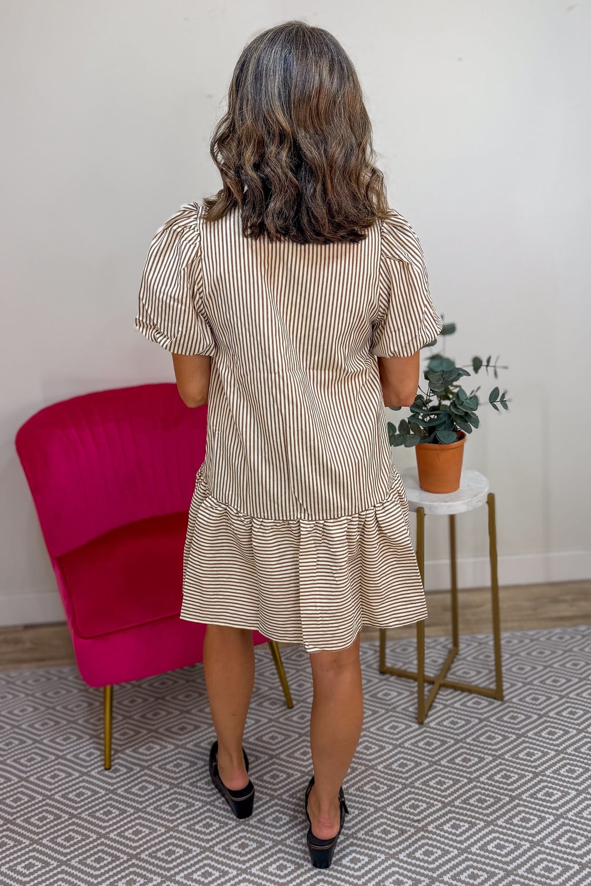 Mocha & Cream Striped Ruffle Hem Dress Back