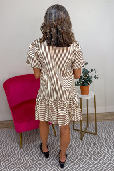 Mocha & Cream Striped Ruffle Hem Dress Back