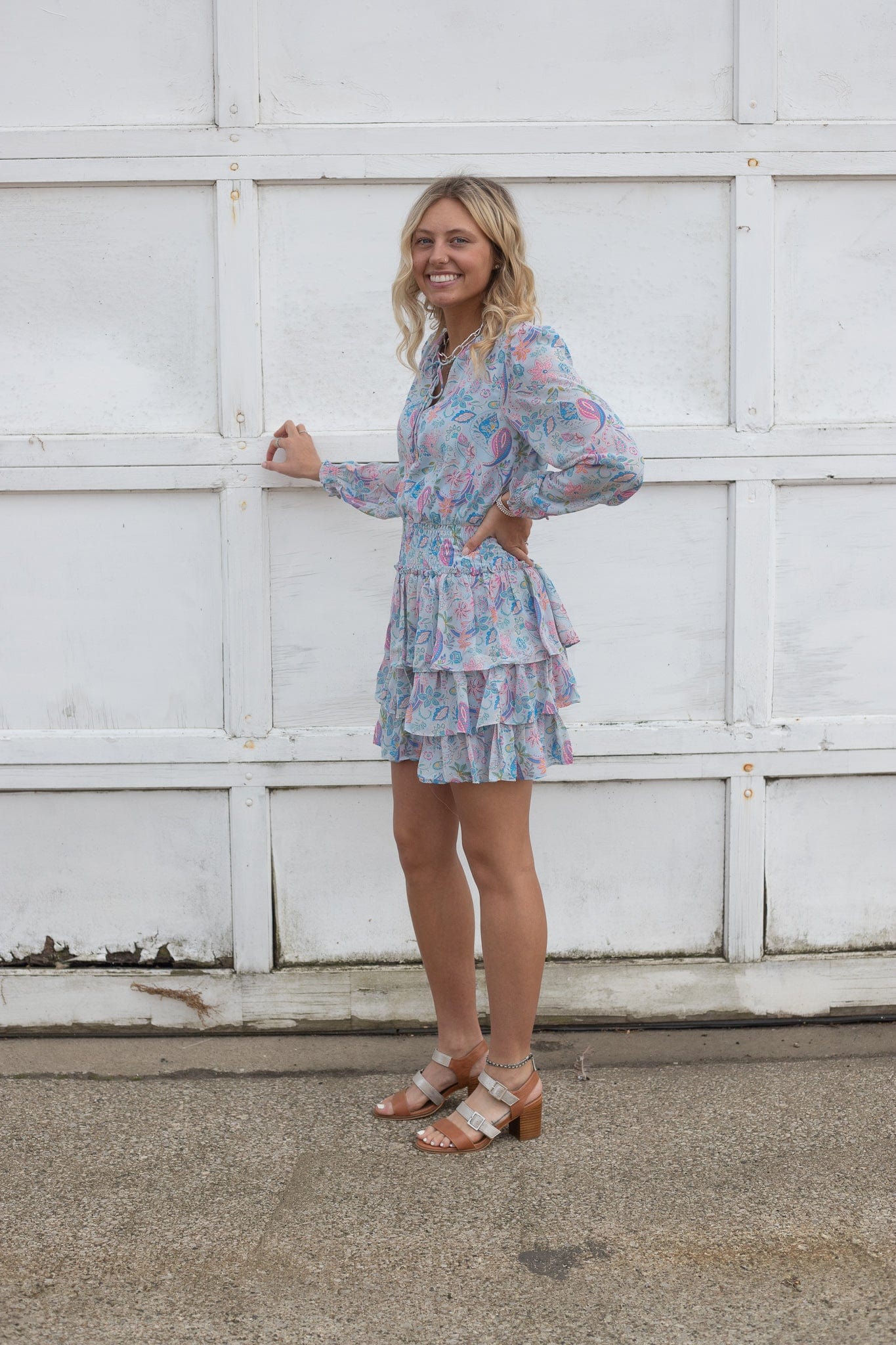 Dusty Blue Paisley Long-sleeved Dress