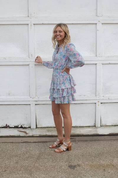 Dusty Blue Paisley Long-sleeved Dress