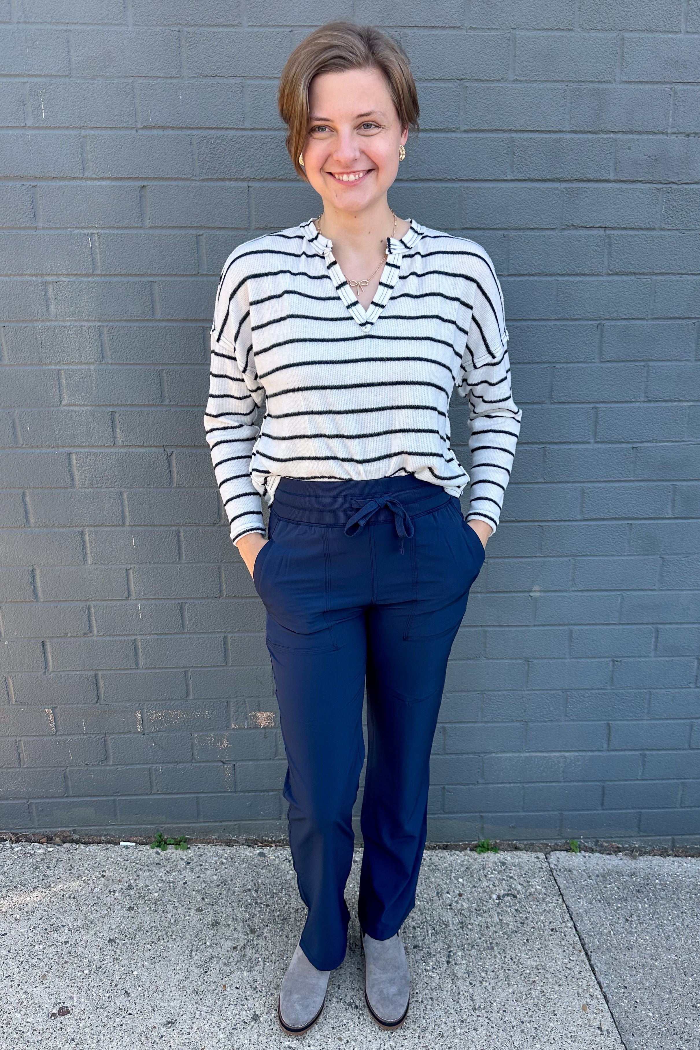 Cream Stripe Split Neck Top styled