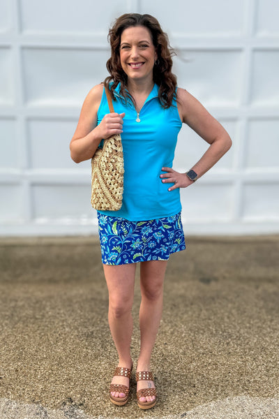 Sky Blue Sleeveless Front Zip Top styled