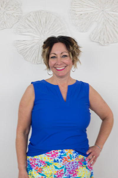 Royal Blue Split Neck Sleeveless Top