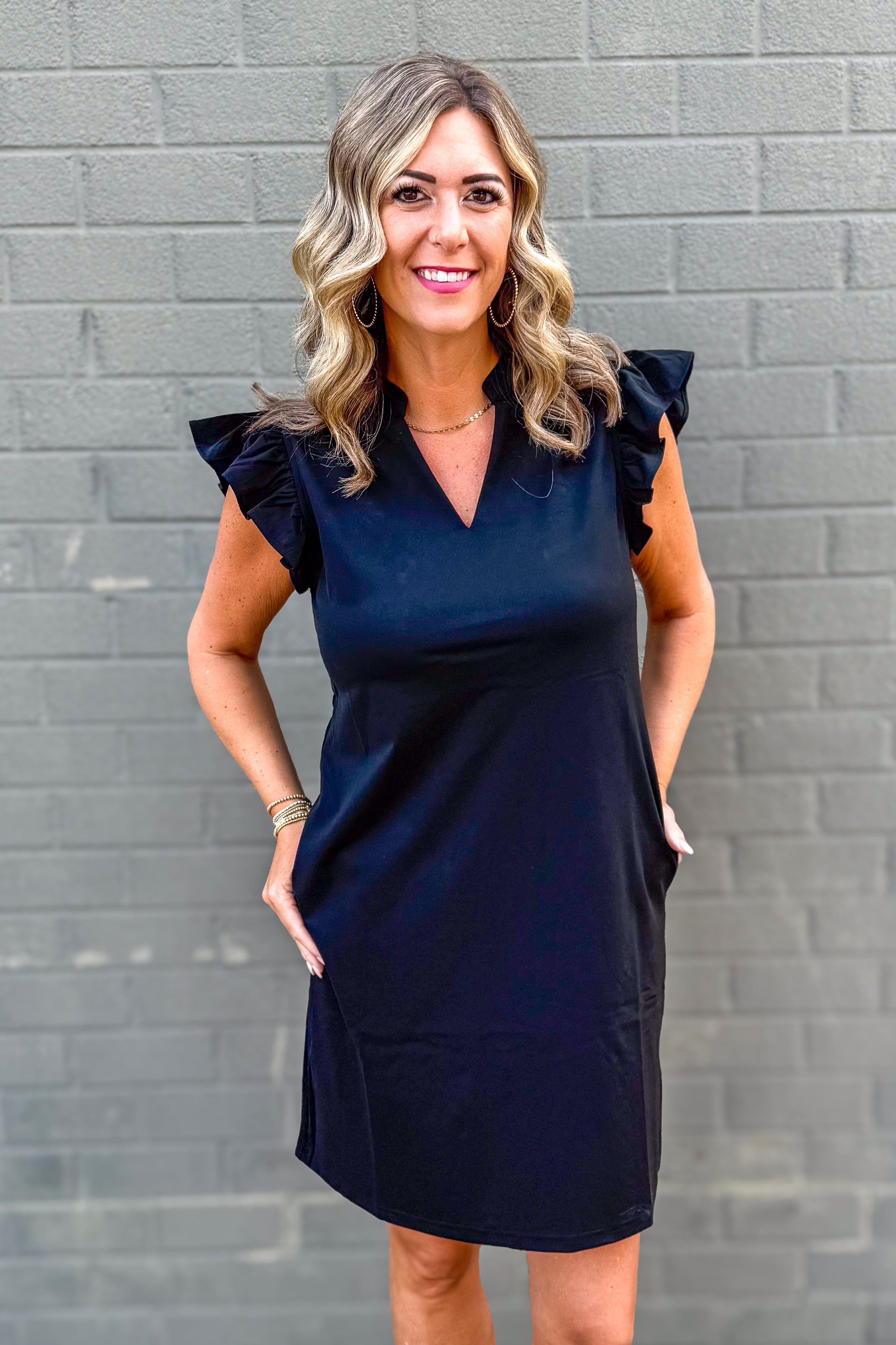 Black Ruffle Cap Sleeve Dress