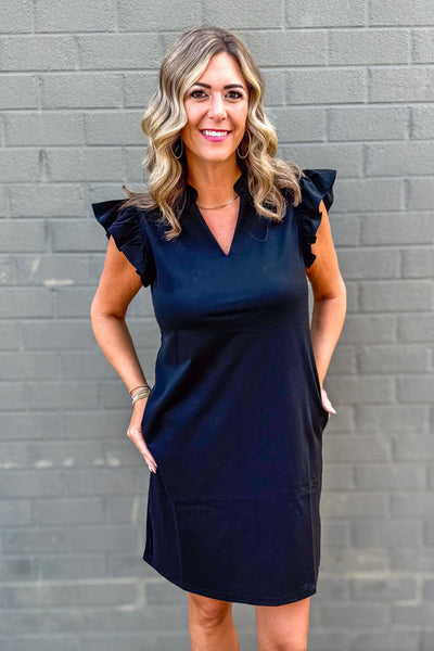 Black Ruffle Cap Sleeve Dress
