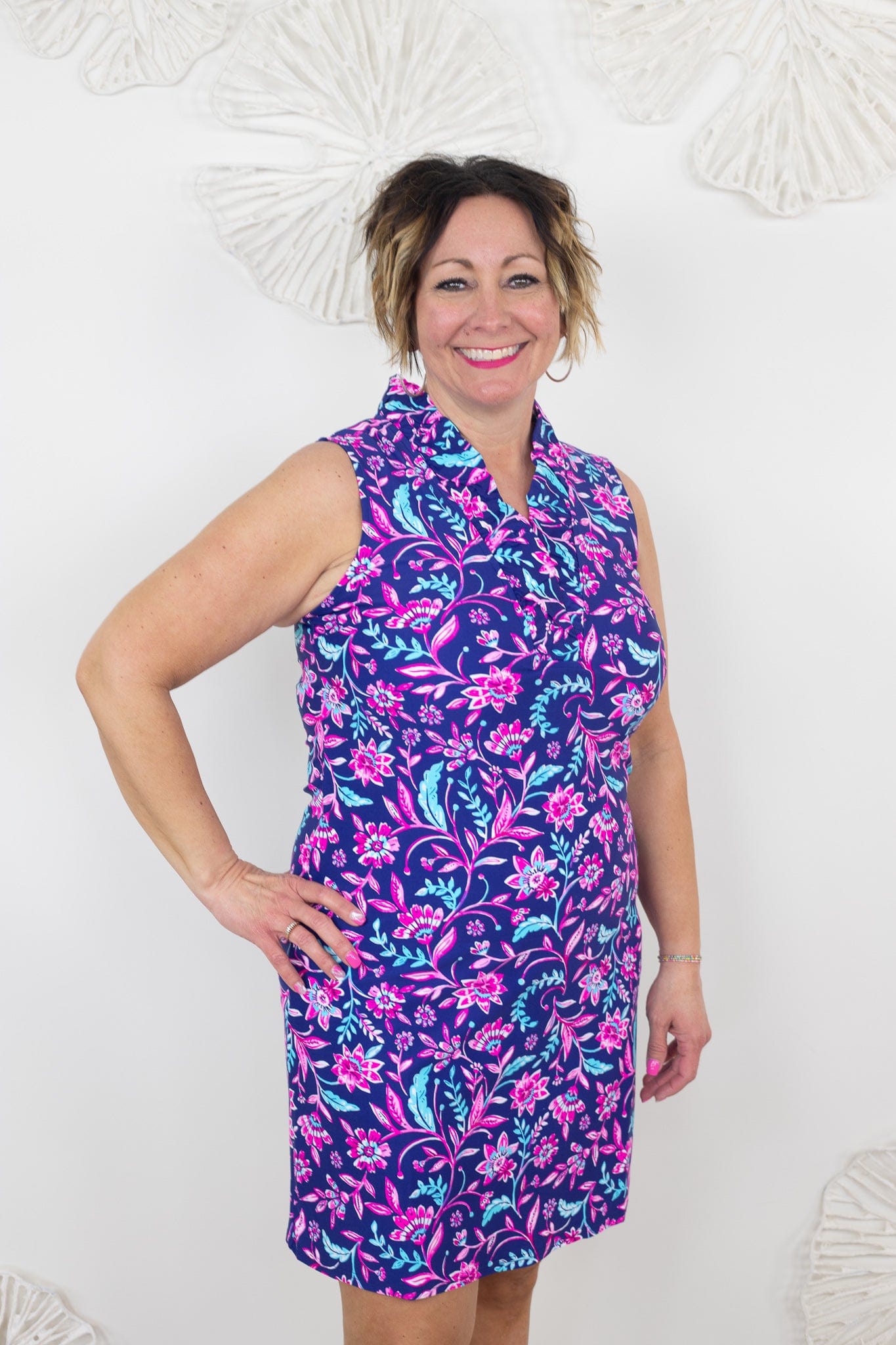 Magenta Floral Ruffle Neck Sleeveless Dress