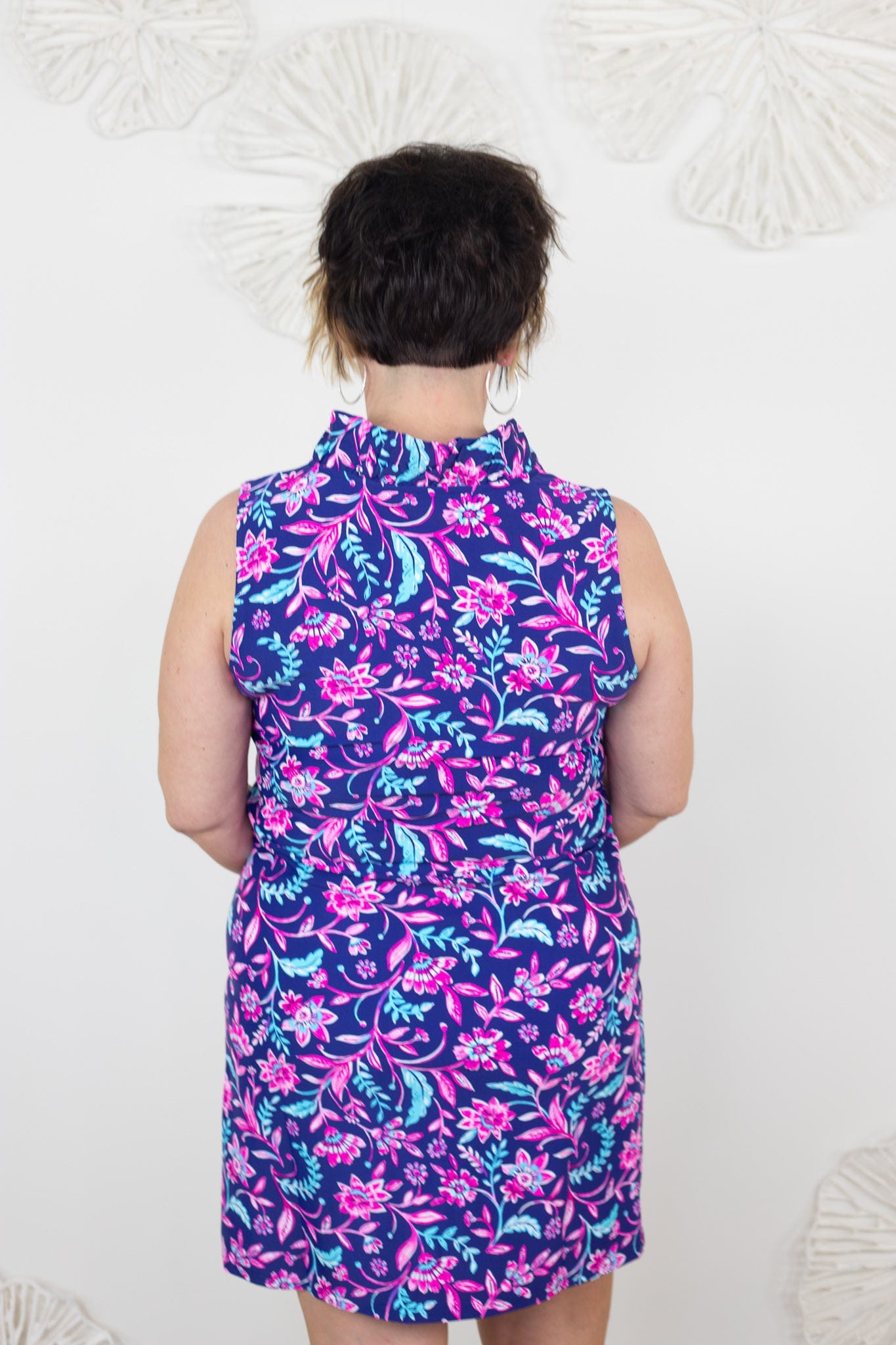 Magenta Floral Ruffle Neck Sleeveless Dress