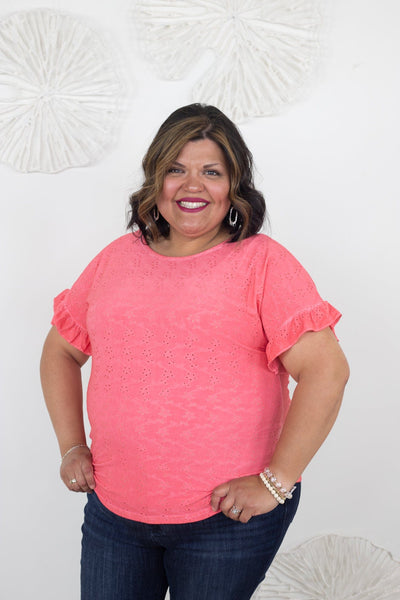 Coral Washed Eyelet Top