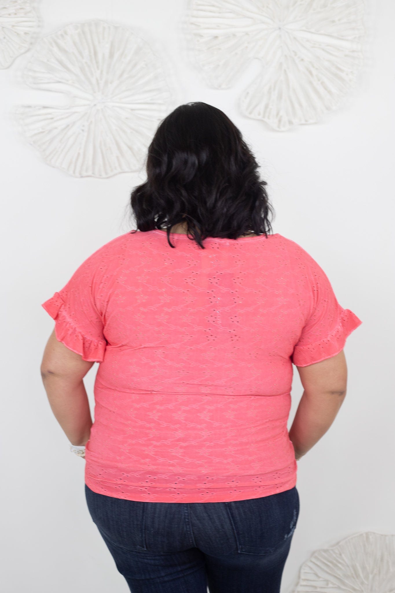 Coral Washed Eyelet Top