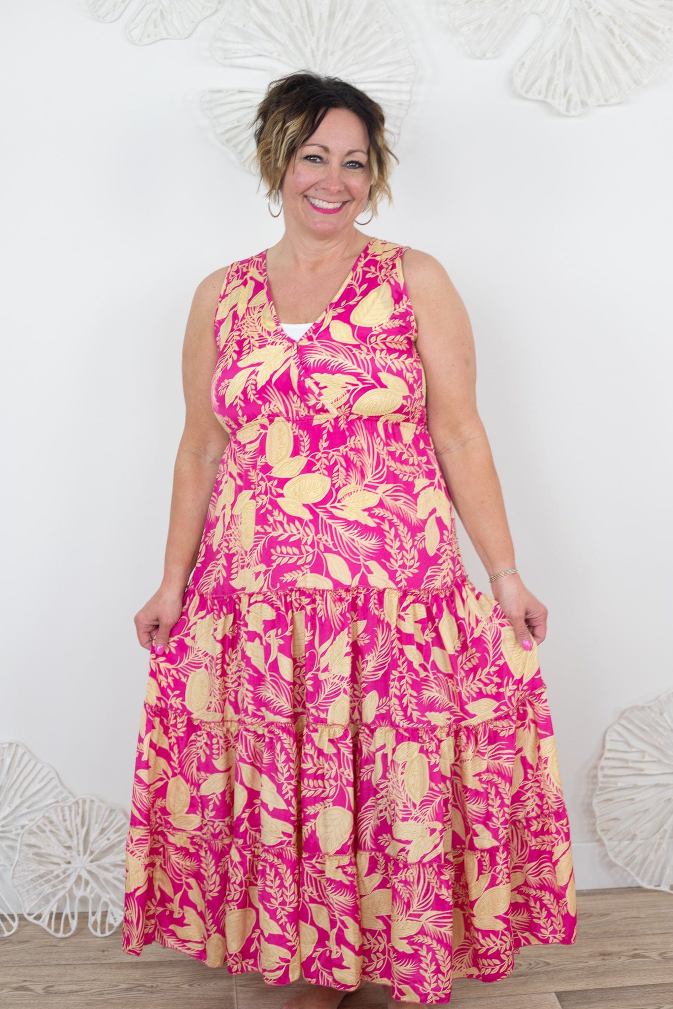 Fuchsia & Ivory Leaf Empire Dress
