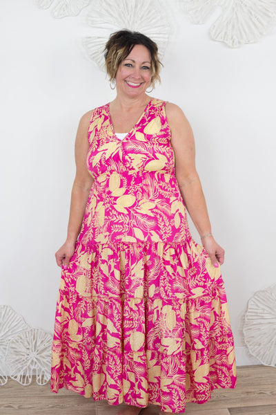 Fuchsia & Ivory Leaf Empire Dress