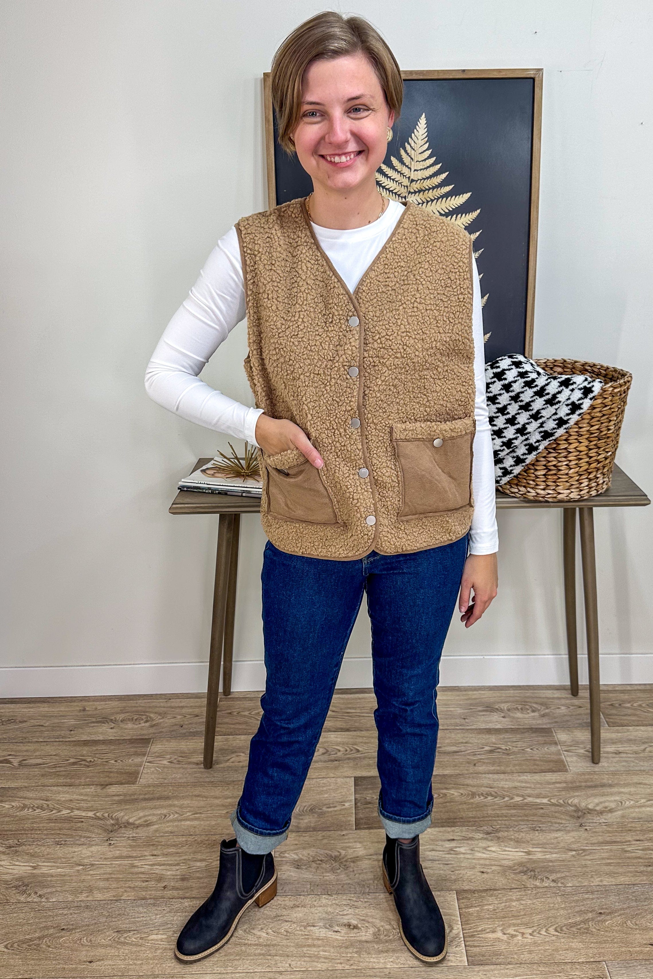 Camel Button Down Sherpa Vest styled