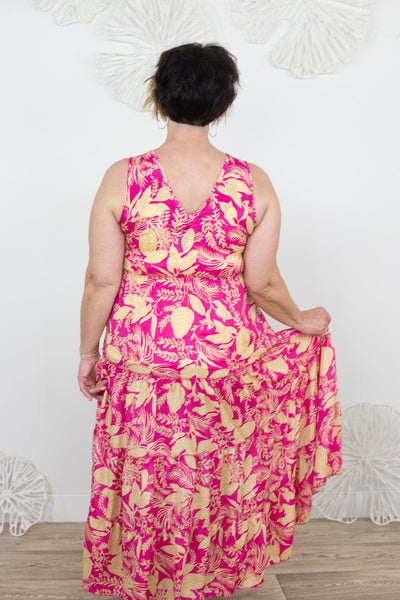 Fuchsia & Ivory Leaf Empire Dress