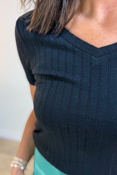 Black Ribbed V-Neck Short Sleeve Top Detail