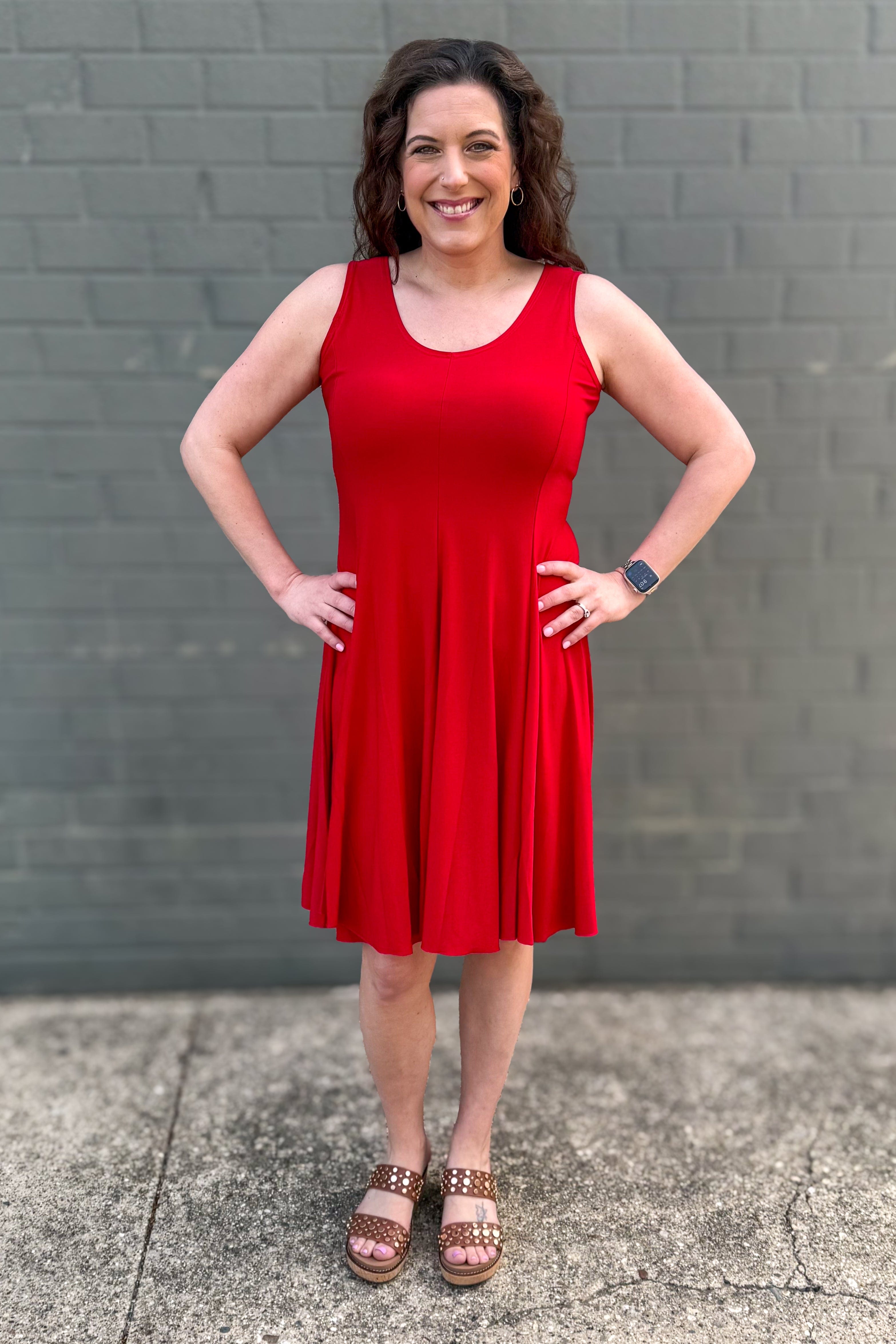 Red Sleeveless Dress styled