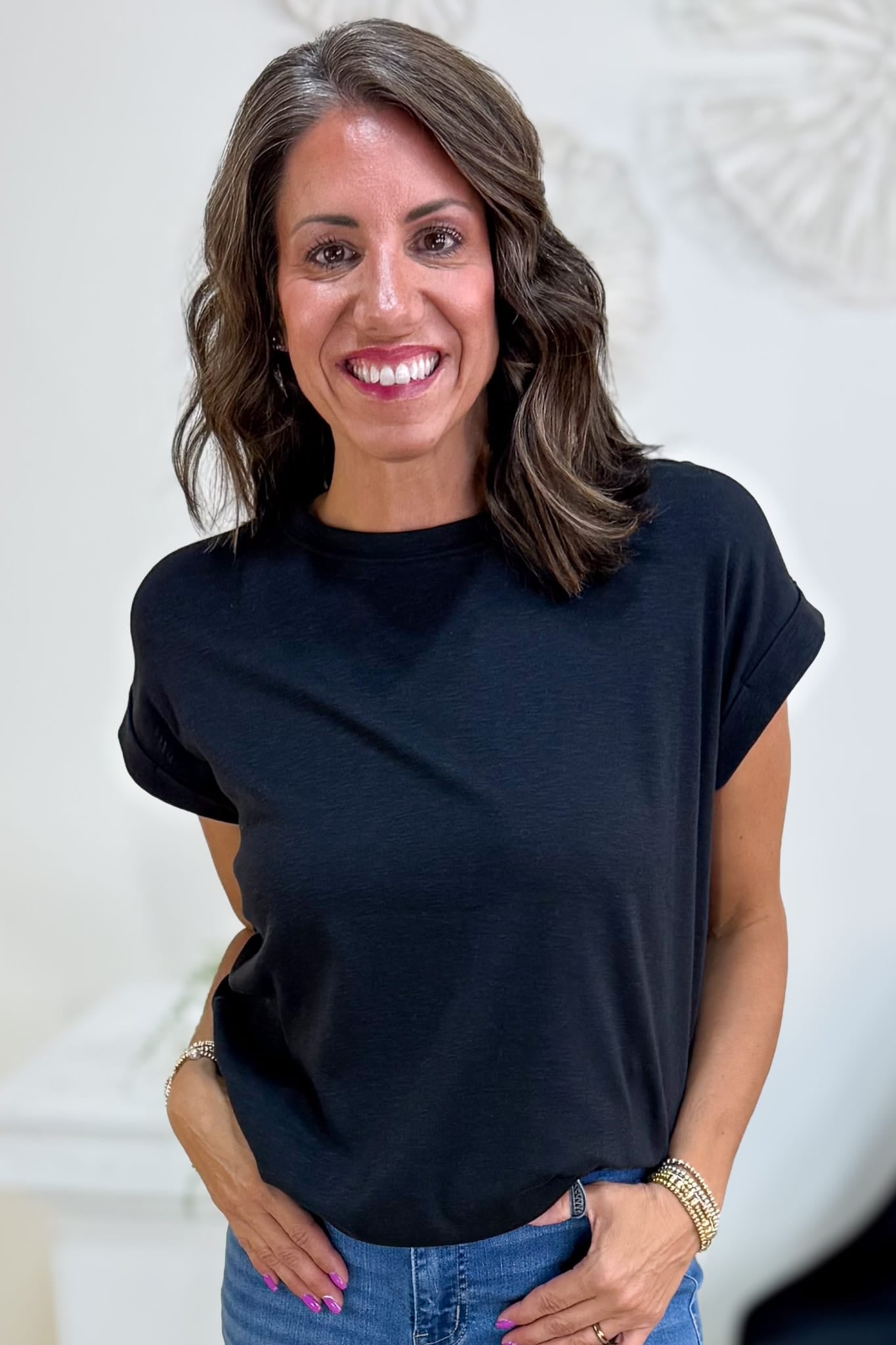 Black Short Sleeve Rib Crew Neck Tee