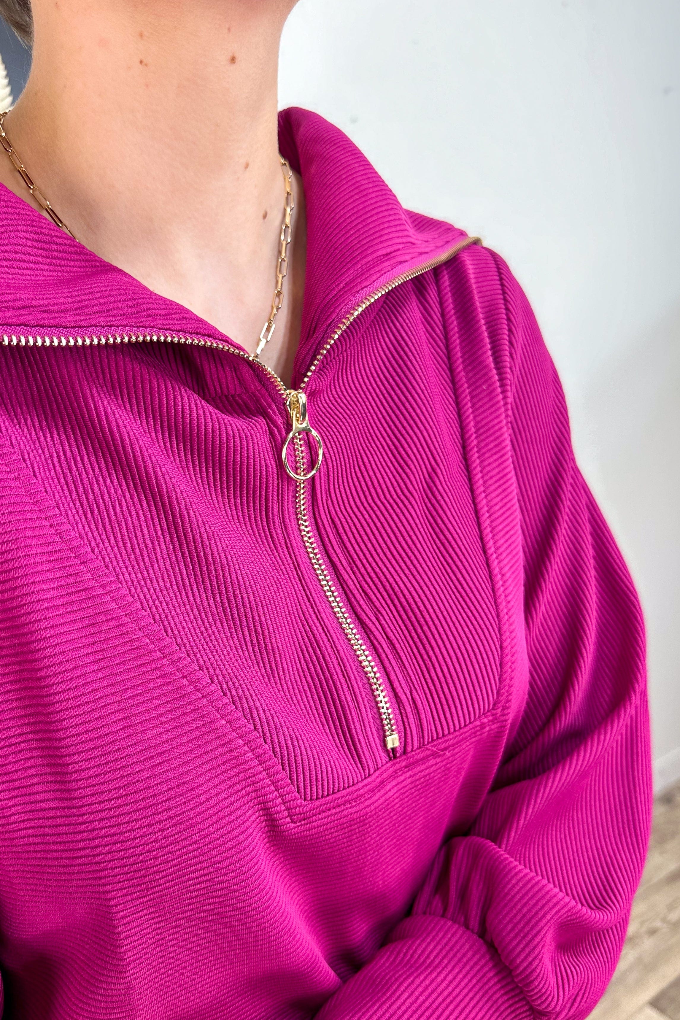 Magenta Texture Half Zip Mini Dress detail