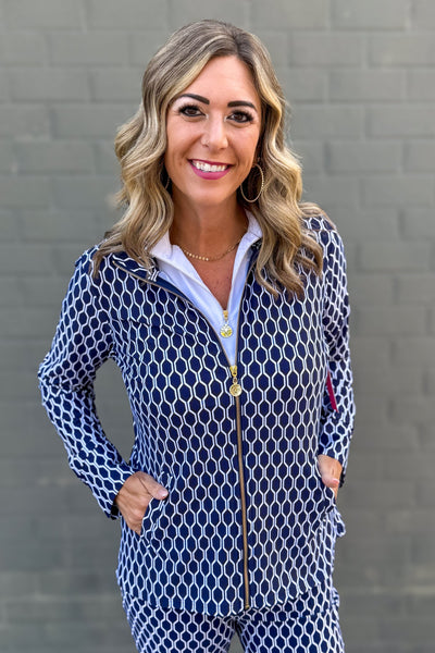 Navy & White Hexagon Penelope Full-Zip Jacket